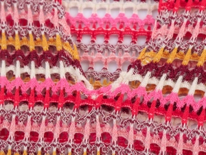 Detailed macro view of the colorful striped crochet knit texture and hollow-out pattern