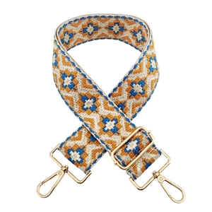 Adjustable 5cm wide embroidered strap for bags with beige and orange geometric patterns