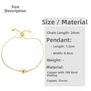Detailed size specifications for 18K gold plated heart bracelet with zircon stones