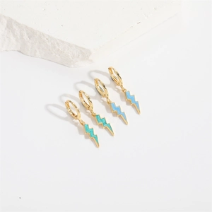 Set of four gold minimalist lightning bolt earrings with blue and green enamel finish