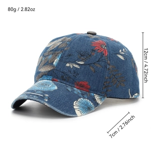 Navy blue denim floral print baseball cap for women with elegant vintage pattern
