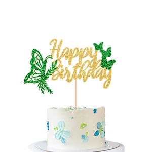 Golden and green glitter Happy Birthday cake topper with butterfly on white flower cake