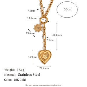 18K gold plated stainless steel heart and sunburst coin necklace with O-chain for women