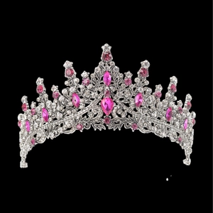 Elegant silver princess crown with pink rhinestones for girls' birthday and performances