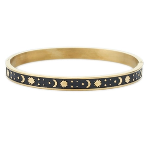 Celestial sun moon and stars stainless steel bangle with black enamel and gold finish