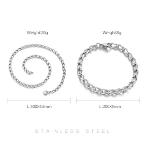 Detaillierte Ansicht des silbernen Edelstahl-Cuban-Kettenhalsketten- und Armband-Sets