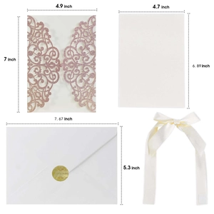 Pink glitter laser-cut invitation set with dimensions for cover, card and envelope