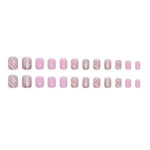 Short pink and white wave press-on nails with sparkling glitter and marble patterns