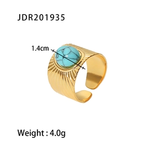 Detail view of 18K gold plated ribbed ring with 1.4cm turquoise stone inlay