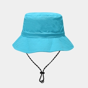 Detail view of water-resistant light blue sun hat with adjustable drawstring and stitching
