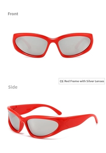 Front and side views of Y2K style wraparound sunglasses with red frames and silver lenses