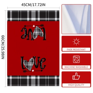 Detail of red and black checkered Valentine's dish towel with LOVE heart design and dimensions