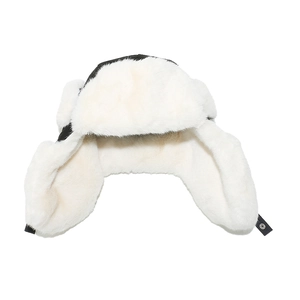 Detail of winter trapper hat with black suede and thick cream faux fur lining and earflaps