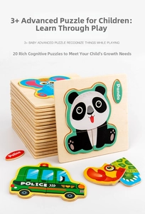 Close-up of thick wooden puzzle pieces for toddlers showing animals and vehicles