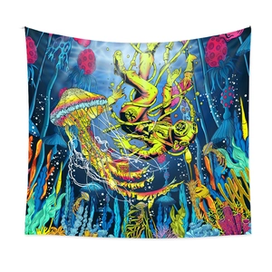 Surreal astronaut diver underwater tapestry with neon jellyfish and coral reef scenery