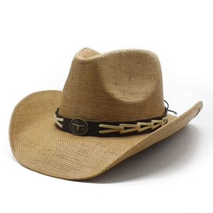 Western Cowboy Straw Hat Metal Bull Head Leatherette Belt Vintage Wide Brim Sun Shade Breathable For Men Women