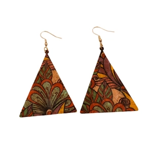 Bohemian vintage geometric triangle leather earrings with colorful floral print and hooks