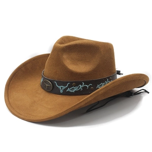 Chapeau de cowboy marron classique avec broderie tête de taureau bleue et bord large