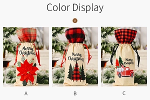 Three Christmas burlap wine bottle bags with festive patterns and drawstring closures