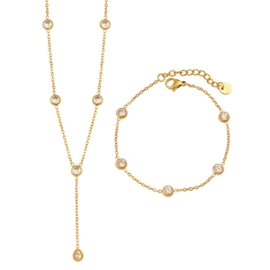 Elegant gold stainless steel necklace and bracelet set with sparkling round crystals