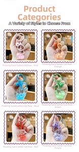 Detail view of cat paw quicksand keychains in six colors with bells and lanyards