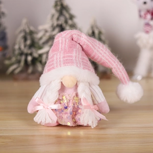 Pink sequin Christmas gnome plush with knitted hat and braids for festive decoration