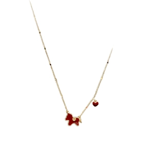 Gold-plated necklace with red enamel pony pendant and a tiny heart charm accessory