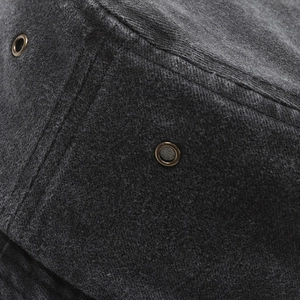 Vintage dark gray washed denim bucket hat with metal eyelets and retro stitching details