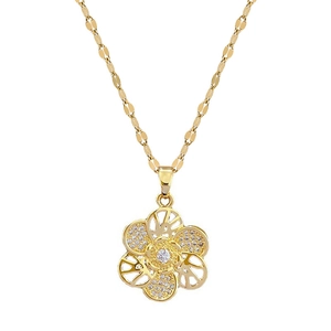 Elegant gold flower necklace with zircon petals and a detailed fancy chain on white background