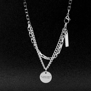 Men's silver titanium steel double-layer necklace with round and rectangle pendants