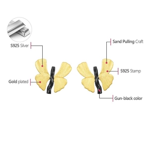 Detailed close-up of S925 sterling silver butterfly earrings with gold and gun black finish