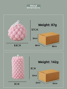 Detailed dimensions of bubble candles and gift boxes for two specific geometric sizes