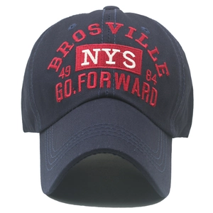 Navy blue baseball cap with 3D NYS embroidery and Brosville patch in retro college style