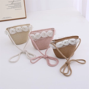 Summer girls straw woven cross-body bags with cream rose lace and top zipper closure