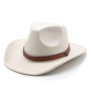 Unisex cream faux suede fedora hat with embossed brown leather band and metal buckle