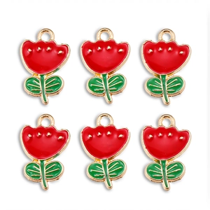 Detail view of 6 red rose alloy charms with gold edges in a 2x3 grid for DIY jewelry