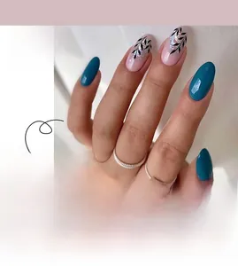 Detail of blue press-on nails with silver foil and black leaf hand-painted oval tips