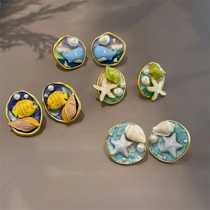 Ocean Theme Enamel Earrings With 925 Sterling Silver Earring Post Marine Dolphin Starfish Shell Freshwater Pearl For Women