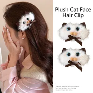 Cute Plush Cat Hair Claw Clip White Faux Fur Siamese Cat Design Hairpin Bowknot Decoration For Women