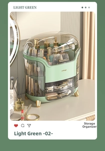 Detail eines hellgrünen Kosmetik-Organizers mit staubdichtem Deckel und Goldakzenten