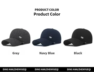 Three men's winter baseball caps in grey, navy blue, and black with side metal logo details