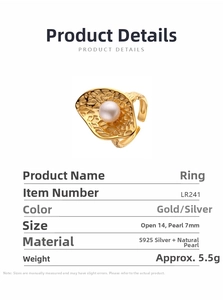Detailed view of S925 sterling silver hammered gold ring with 7mm natural pearl inlay