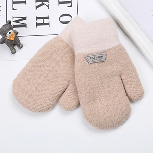 Kids striped color-block double-layer knit gloves with warm fleece lining and label