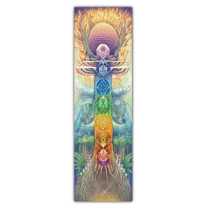 Macro detail of sun moon tapestry showing psychedelic mystical totem with rainbow colors