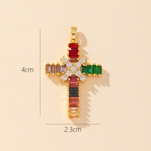 Detail showing gold plated cross pendant with colorful baguette stones and size measurements
