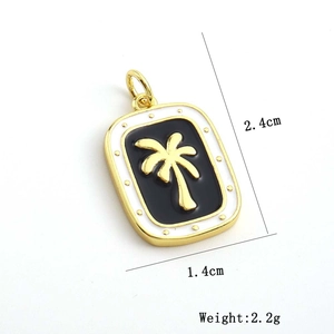 Detail showing dimensions of enamel coconut tree pendant in gold and black finish