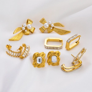 Bow Knot Artificial Pearl Stud Earrings Stainless Steel 18K Gold Plated Zircon Geometric High-End Elegant Jewelry For Women