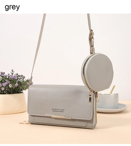 Grey long crossbody wallet with detachable round coin purse and elegant gold hardware