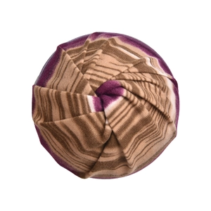 Overhead view of a striped knit beanie in brown, purple and white with spiral top twist