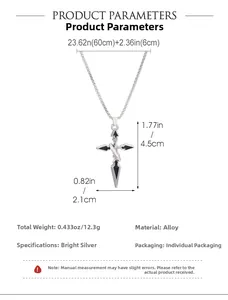 Detailed size chart for silver punk cross necklace with measurements and alloy material info